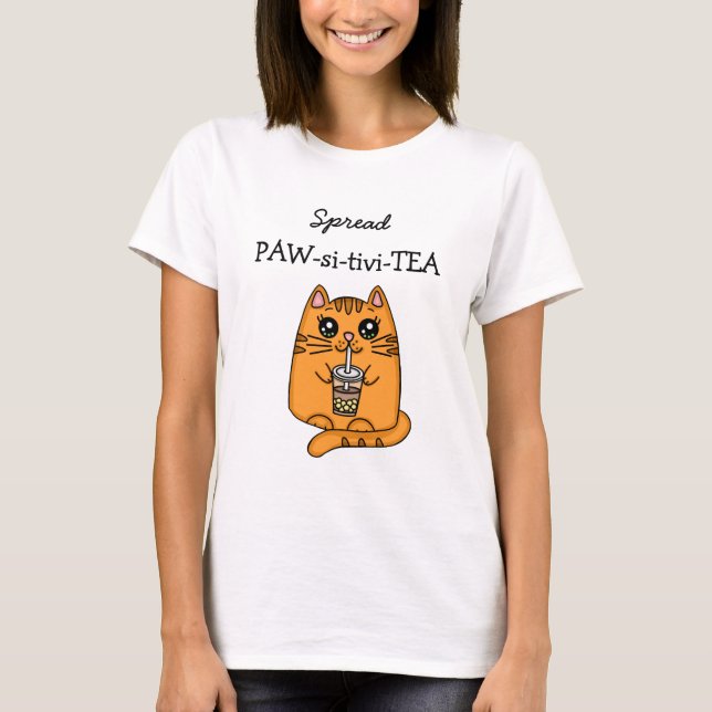 Camiseta Espalhar Positividade | Kawaii Cat e Bubble Tea Pu (Frente)