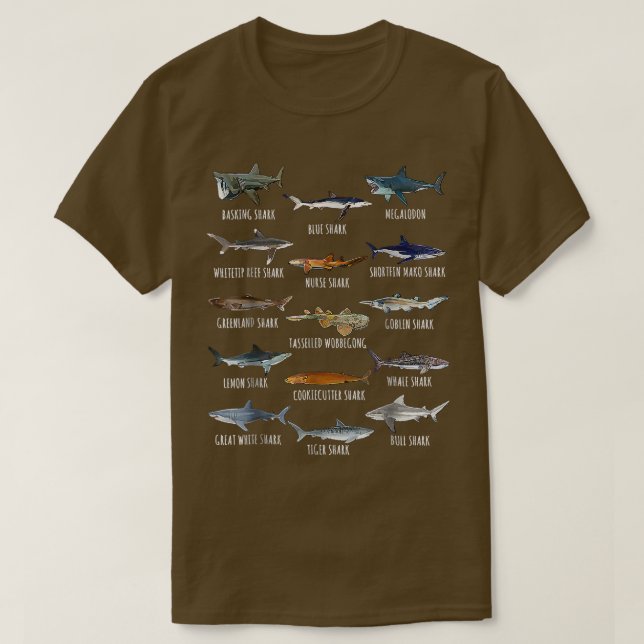 Camiseta Espécies De Tubarões Biologia Diferentes Tipos De  (Frente do Design)