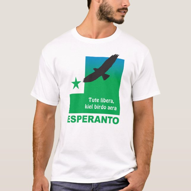 Camiseta Esperanto / "Tute libera, kiel birdo aera", (Frente)