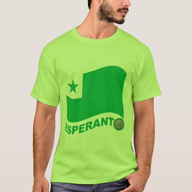 Camiseta Esperanto wavy flag+text e zamenhof, (Frente)