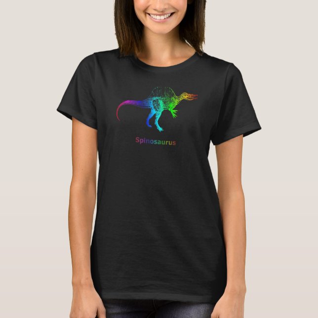 Camiseta Espinossauro Dinossauro Esqueleto Arco-Íris (Frente)