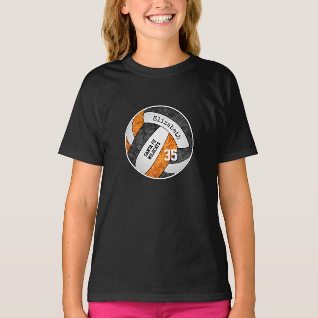 Camiseta espírito da equipe de vôlei da menina laranja negr (Frente)