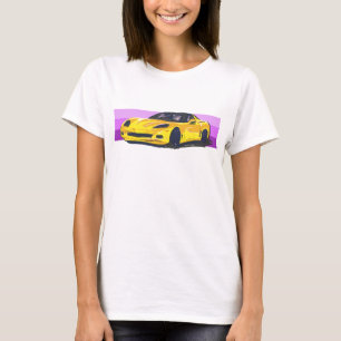 Camiseta Esportes de corveta amarela C6 com faixa rosa