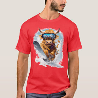 Camiseta Esportes de inverno Highland Cow Snowboarding vint
