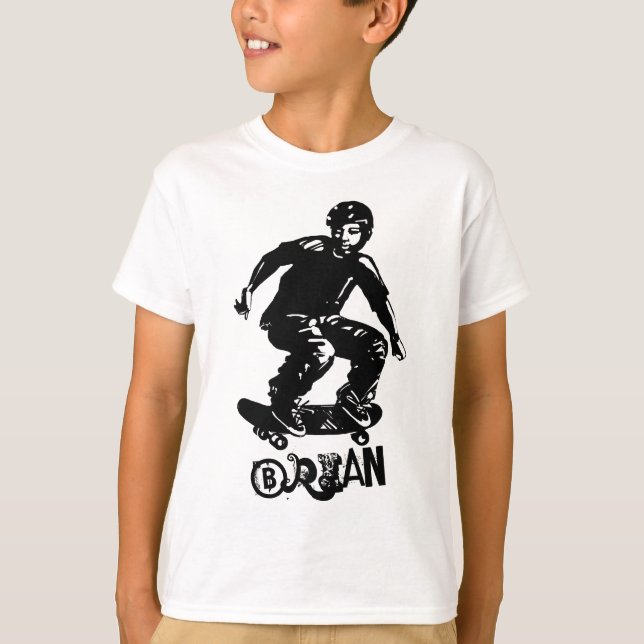 Camiseta Esportes negros no Skateboarder branco Nome person (Frente)