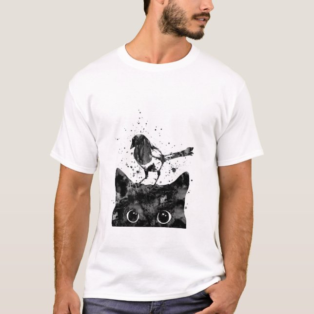 Camiseta Espreitando o gato e o Magpie (Frente)