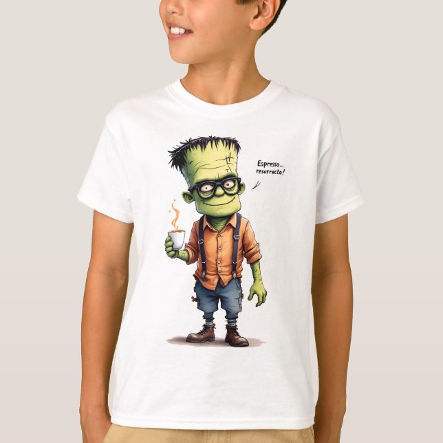 Camiseta Espresso-acordar, Frankenstein com um café. (Frente)