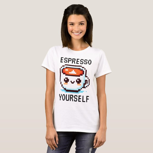 Camiseta Espresso - Engraçado Pixel Art Coffee Design (Frente Completa)