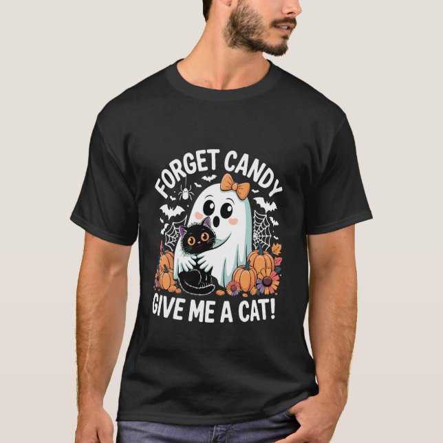 Camiseta Esqueça Doce Me Dê Um Gato Dia Das Bruxas Fantasma (Frente)