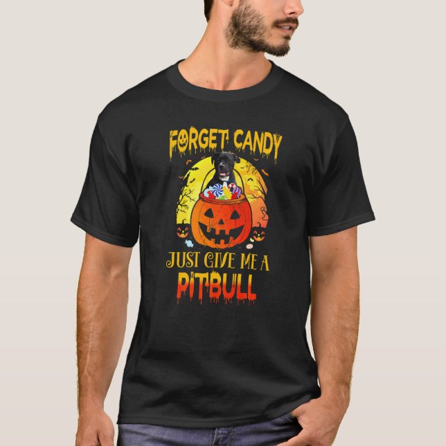 Camiseta Esqueça o Doce, Me Dê um Pitbull Fácil Halloween (Frente)