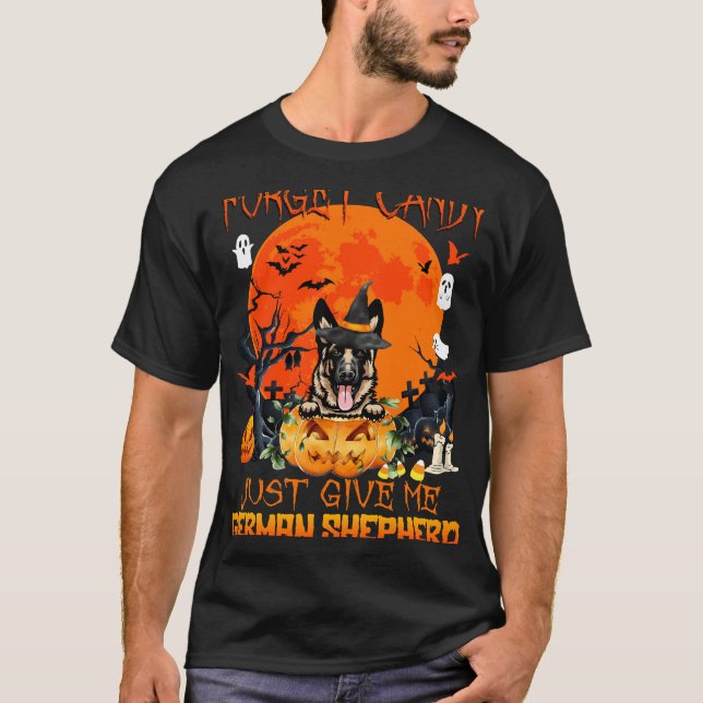 Camiseta Esquece O Candy Dá-Me German shepherd Pumpkin (Frente)