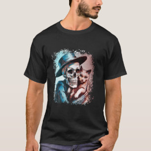 Camiseta Esqueleto Abraçando Gato Aquarela Colorida