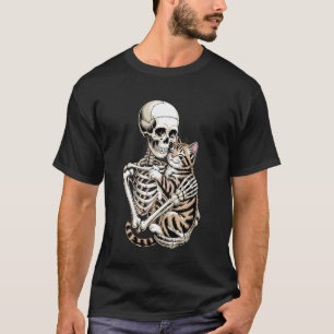 Camiseta Esqueleto Abraçando Gato Design Gótico Amante de A