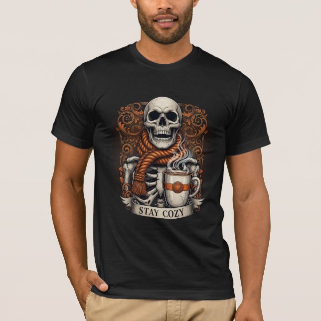 Camiseta Esqueleto Aconchegante com Caneca de Café (Frente)