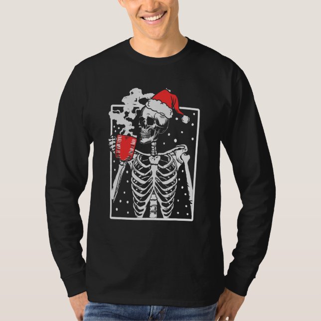 Camiseta Esqueleto Aflito Crânio Sorridente Bebendo Café (Frente)