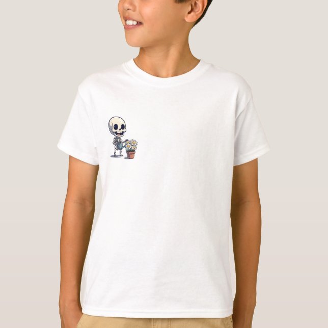 Camiseta Esqueleto Alegre Regando Flores de Margarida Crian (Frente)