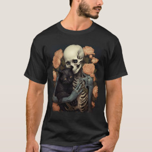 Camiseta Esqueleto Antigo Segurando um Gato Preto Halloween