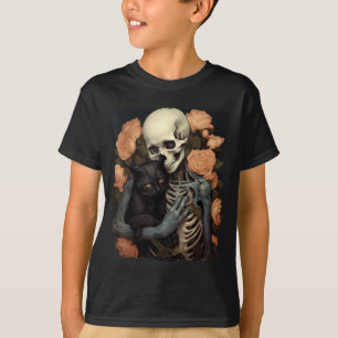 Camiseta Esqueleto Antigo Segurando um Gato Preto no Hallow