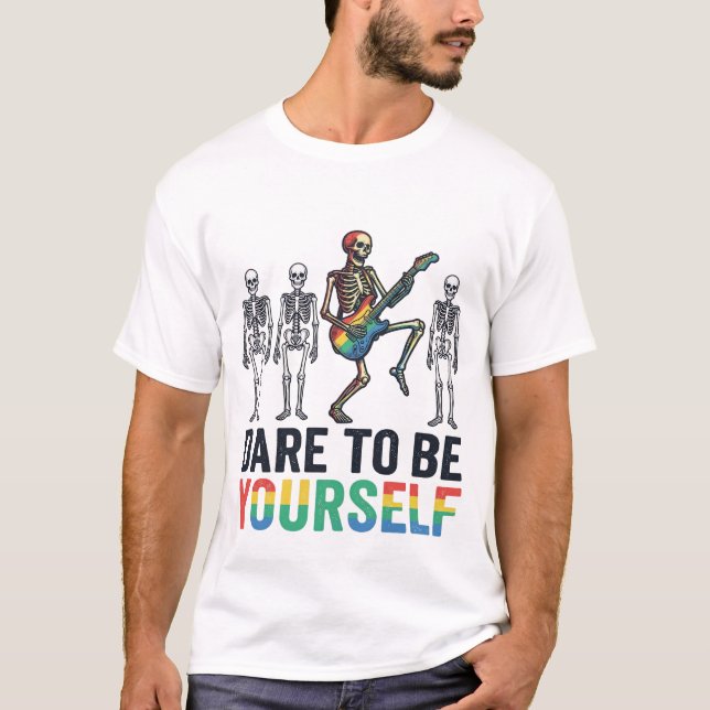 Camiseta Esqueleto Arco-íris Ouse Ser Você Mesmo Design de  (Frente)