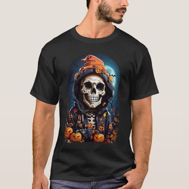 Camiseta Esqueleto Assustador com Abóboras Malvadas (Frente)