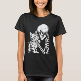 Camiseta Esqueleto Assustador Gótico Segurando Gato Hallowe
