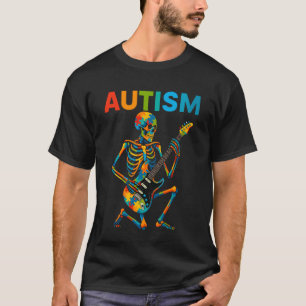 Camiseta Esqueleto Autista Toca Guitarra Música Rock Autism