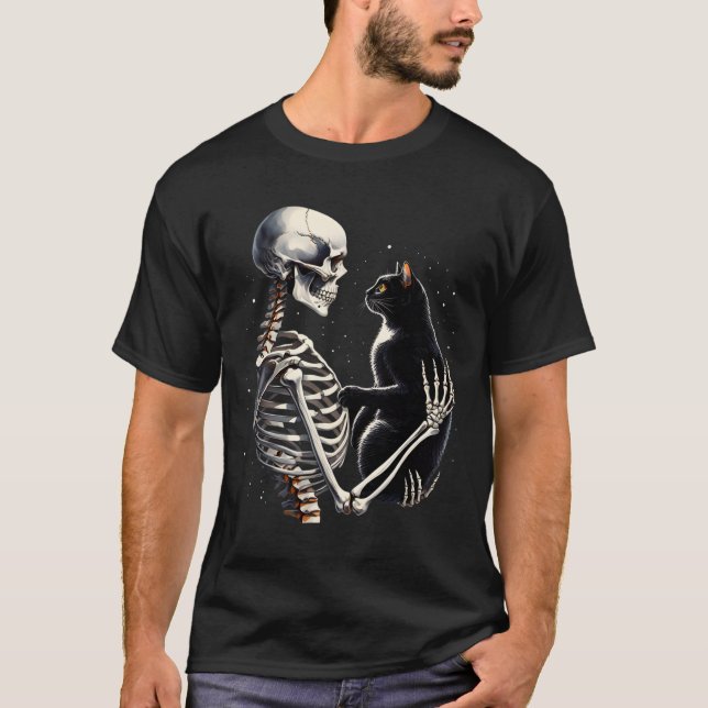 Camiseta Esqueleto Brincando Com Um Gato Gráfico Crânio Gat (Frente)