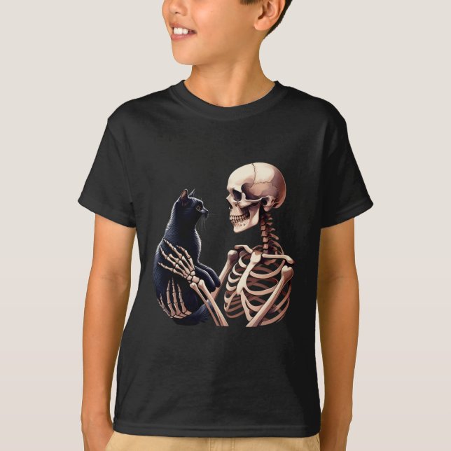 Camiseta Esqueleto Brincando Com Um Gráfico De Gato Crânio  (Frente)
