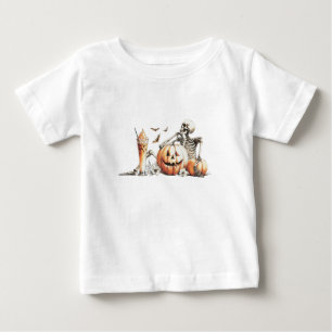 Camiseta Esqueleto com abóbora e bebida. Dia das Bruxas.