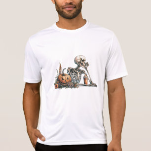 Camiseta Esqueleto com abóbora e bebida. Dia das Bruxas