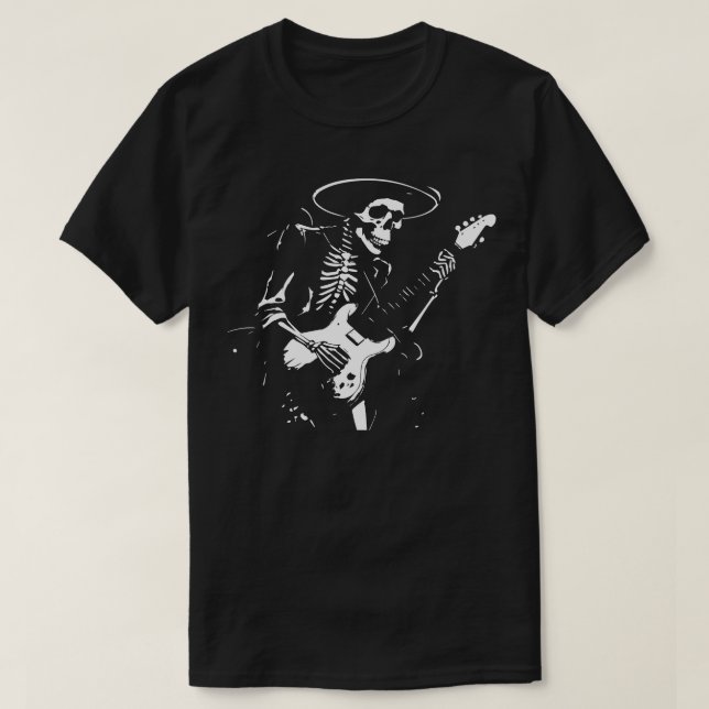 Camiseta esqueleto com chapéu tocando violão (Frente do Design)