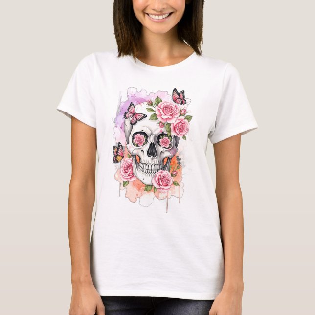 Camiseta Esqueleto com Rosas Rosa e Borboletas (Frente)