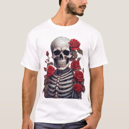 Camiseta Esqueleto com Rosas vermelhas