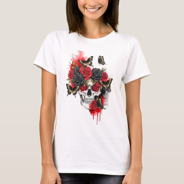 Camiseta Esqueleto com Rosas vermelhos e borboletas (Frente)