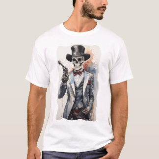 Camiseta Esqueleto com smoking segurando um revólver