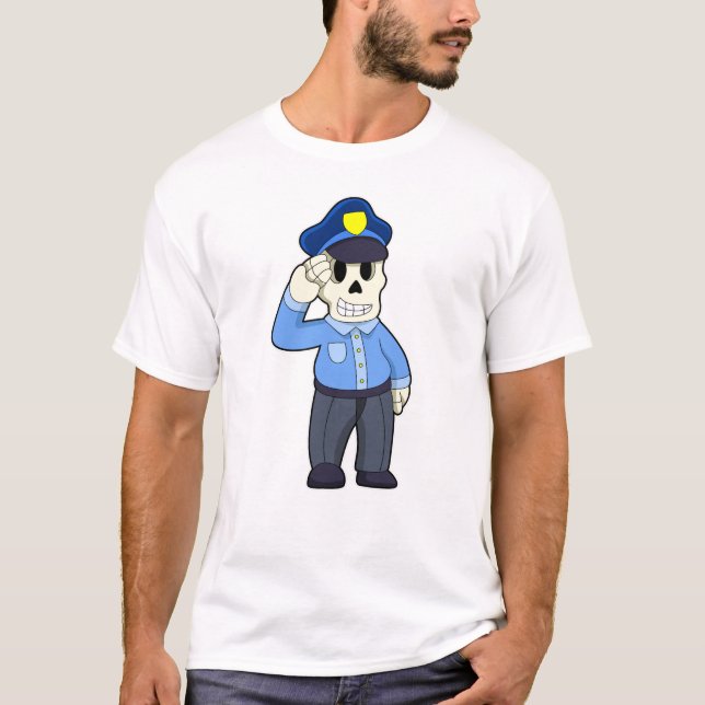 Camiseta Esqueleto como agente da polícia com chapéu da pol (Frente)
