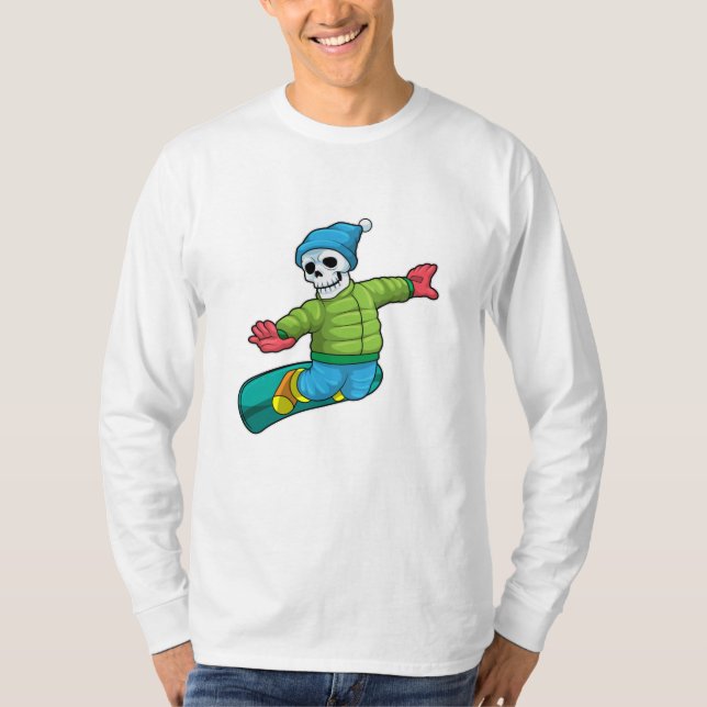 Camiseta Esqueleto como Snowboarder com Snowboard (Frente)
