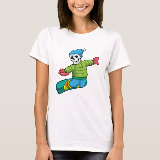 Camiseta Esqueleto como Snowboarder com Snowboard (Frente)