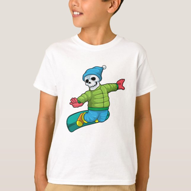 Camiseta Esqueleto como Snowboarder com Snowboard (Frente)