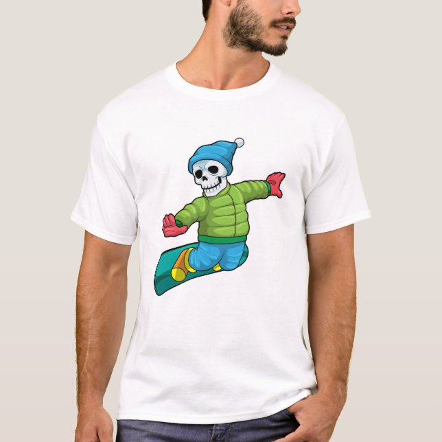 Camiseta Esqueleto como Snowboarder com Snowboard (Frente)