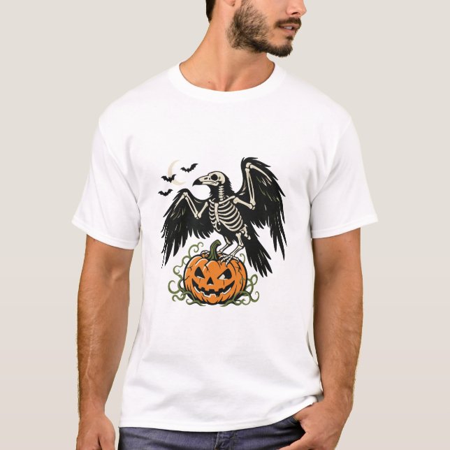 Camiseta Esqueleto Corvo Abóbora Halloween (Frente)