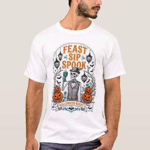 Camiseta Esqueleto da Festa de Abóbora Halloween Beber Espa