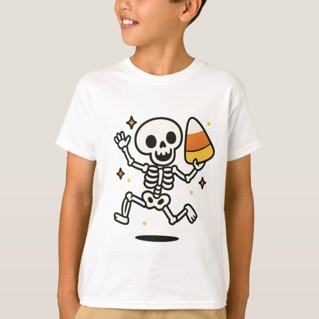 Camiseta Esqueleto Dançando com o Halloween de Milho Doce (Frente)