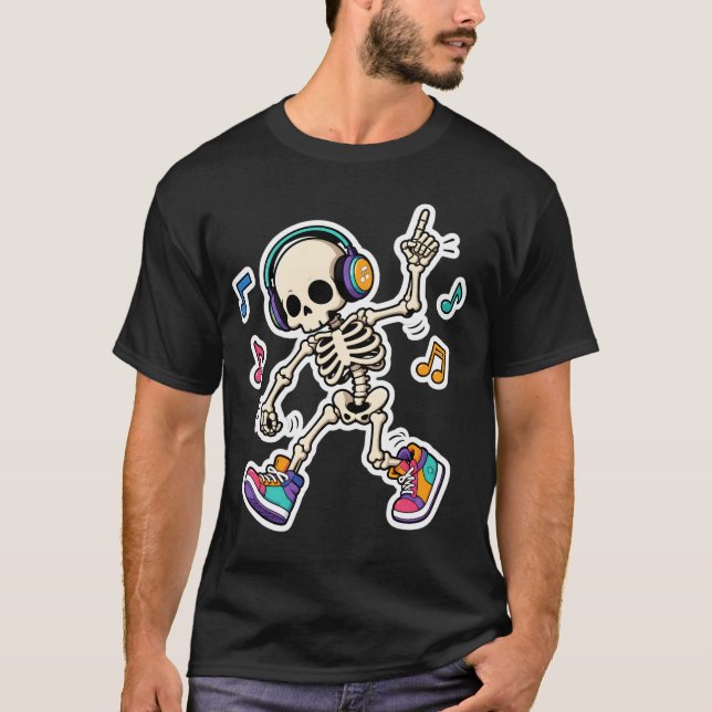 Camiseta Esqueleto Dançante com Fones de Ouvido (Frente)