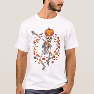 Camiseta Esqueleto Dançante de Halloween Cabeça de Abóbora