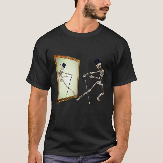 Camiseta Esqueleto Dançante Engraçado Espelho (Frente)
