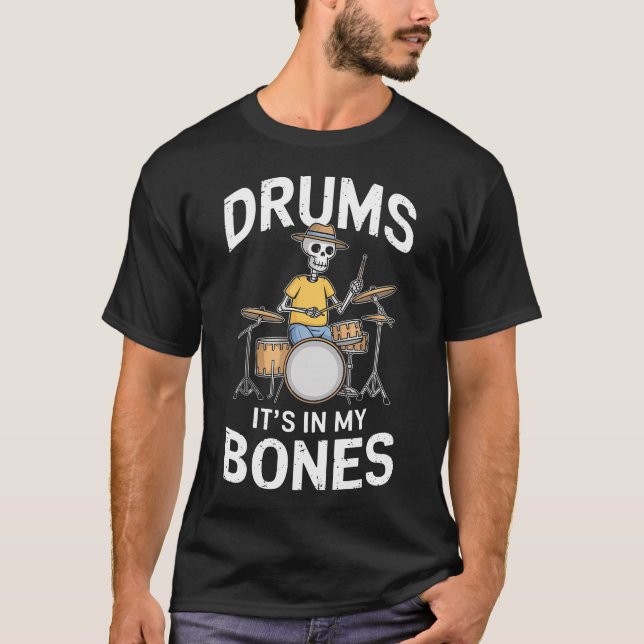 Camiseta Esqueleto de Baterista Engraçado Tocando (Frente)