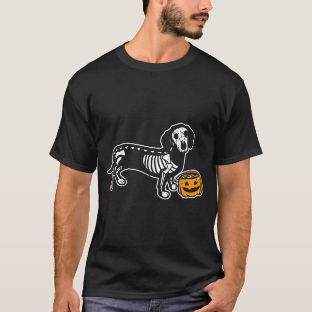 Camiseta Esqueleto de Dachshund Jack O Lanterna Halloween E (Frente)