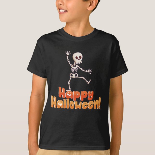 Camiseta Esqueleto de dança "Feliz Halloween" (Frente)
