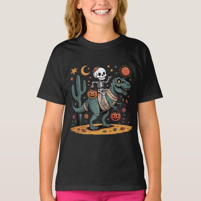 Camiseta Esqueleto de desenho animado & T-Rex com baldes de (Frente)